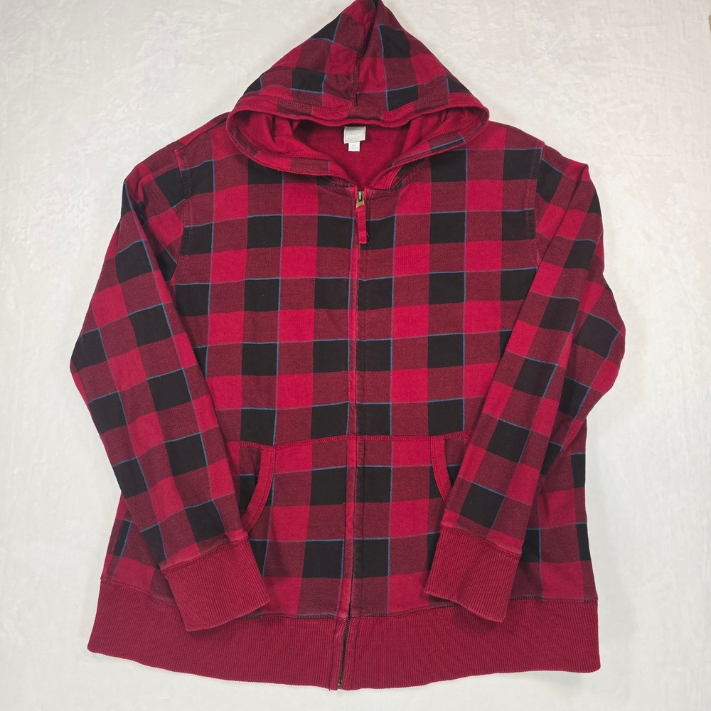 J Crew Mens XXL Buffalo Plaid Hoodie Red Black Full Zip Cotton F16820619